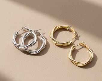Twisted Sterling Silver Hoop Earrings – 18K Gold Plated