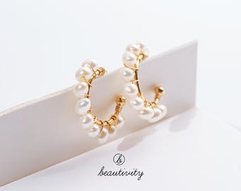 Handmade Gold Freshwater Pearl Stud Earrings • 925 Silver Pin