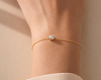 S925 Sterling Silver Single Stone Bracelet, Dainty Zircon Bracelet, Minimalist Adjustable Chain Bracelet, Layering Jewelry Gift for Her