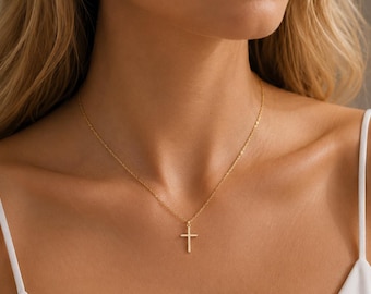 S925 Sterling Silver Cross Necklace, 14K Gold Plated Cross Pendant Necklace, Minimalist Dainty Necklace, Religious Jewelry Gift for Her
