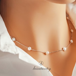 Minimalist Freshwater Pearl Necklace • 925 Sterling Silver Necklace • Bridal Jewelry • Pearl Choker • Wedding Bridesmaids Gift (DGPN19）