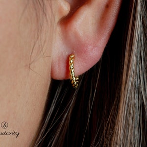 18k Gold-Plated Sterling Silver Twisted Hoop Earrings • Minimalist Huggies