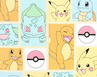 1 Yard Pokemon Cotton Fabric Blue Pikachu Jigglypuff Bulbasaur Squirtle 36x44