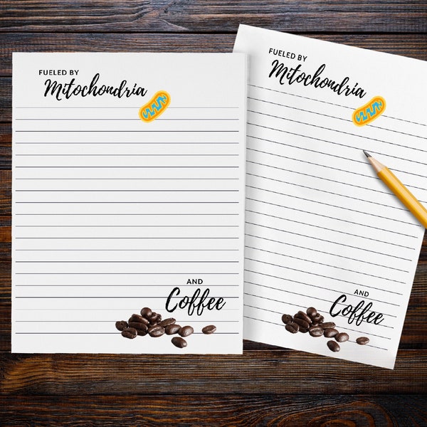 Teacher Gifts, Present for Science Teachers, Fueled by Mitochondria Lined Notepad, Gift for Biology Teacher, Coffee Lover Fun Presents