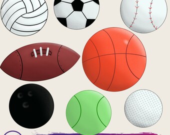 ClipArt di palloni sportivi, basket, calcio, palloni da tennis, bowling, softball, JPG, PNG per uso commerciale