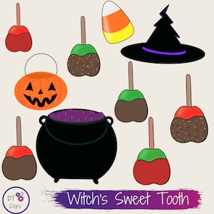 Clip Art de Halloween, Dulce Diente de Caramelo, Caldero, Sombrero de Bruja, Para Maestros, Manzana Caramelo JPG, PNG Uso Comercial Descarga Digital
