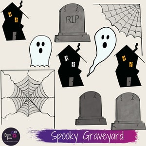 Clip Art Halloween voor leraren, Ghost Cut, Spooky Graveyard, Ghosts, Grafsteen, Spiderweb, JPG, PNG Commercieel Gebruik, Digitale Download