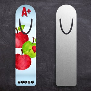 Apple Teacher Bookmark, A+ Thank You Present for Teachers, Small Gift, Stocking Stuffer, Metal Bookmarks, Custom Name, Apples, Reading Lover