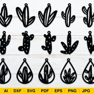 Könnte beinhalten: Ein Set mit 18 schwarzen und weißen Kaktus- und Sukkulenten-Ohrring-Designs. Die Designs sind in verschiedenen Formen und Größen, darunter Tropfen-, Rund- und Quadratformen. Die Designs sind perfekt zum Basteln und Erstellen einzigartiger Ohrringe.