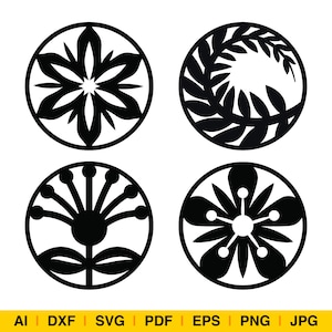 Puede incluir: Cuatro diseños florales y botánicos negros en marcos circulares. Los diseños incluyen una flor de seis pétalos, una corona de hojas, una flor estilizada con un tallo y una flor de cinco pétalos. La parte inferior de la imagen tiene iconos de tipo de archivo.