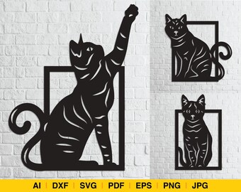Archivo digital de pared de ilustraciones de gato para archivos láser y CNC / corte láser, corte láser gato, marco láser gato, decoración del hogar del gato, svg de gato, archivo de gato