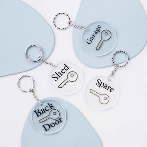 May include: Four clear acrylic keyrings with silver key rings. Each keychain has a black keyhole design and text that reads "Garage", "Shed", "Spare", and "Back Door".