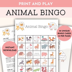 印刷可能なかわいい動物のビンゴゲーム、パーティー用のグループアクティビティビンゴ、すぐにダウンロードできる教室用ビンゴゲーム、家族で楽しめる子供向けビンゴカード