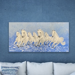 Original White 7 Running Horses Art, Vastu Shastra Horse, Large Horse Painting, Large Canvas Horse Art,Contemporary Horse Art, Equine Art