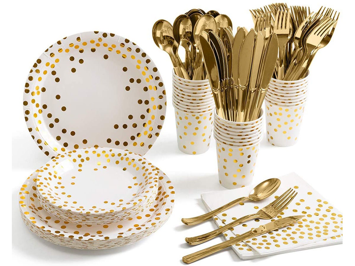 175 Piece Gold Party Supplies Set Serves 25 Gold Paper Etsy