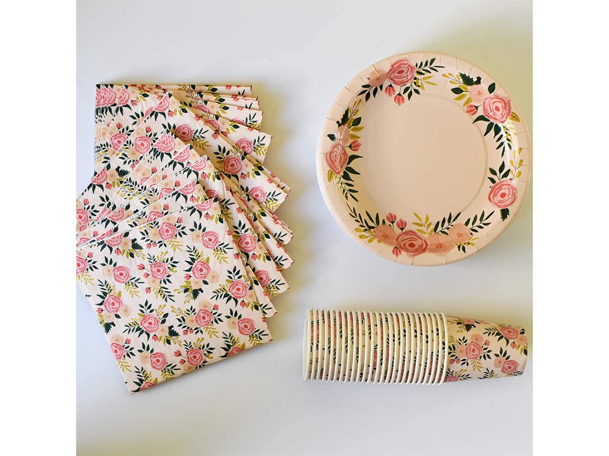Pink Floral Party Pack Plates Napkins Cups Serves 25 Etsy