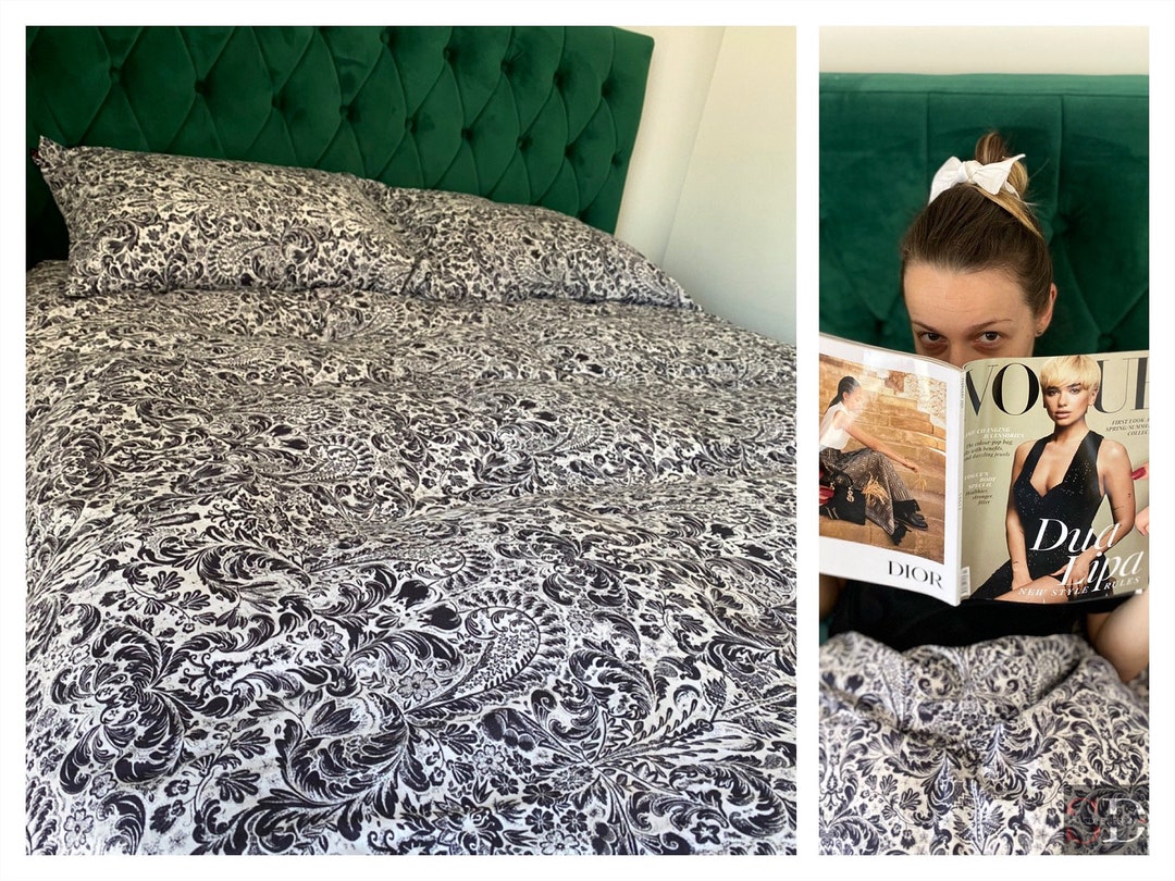 White/black Floral Pure Cotton Double Duvet Covers Set Etsy