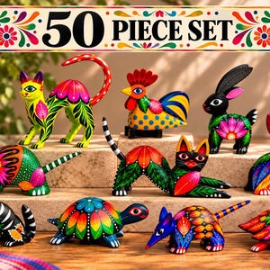 May include: A 50 piece set of hand-painted wooden animal figurines featuring vibrant, multi-colored floral and geometric patterns. The collection includes a cat, rooster, rabbit, turtle, and various small creatures with intricate, bold designs.