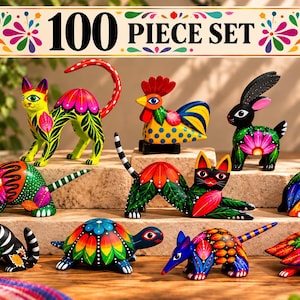 May include: A 100 piece set of hand-painted animal figurines featuring vibrant, multi-colored patterns. The collection includes cats, a rooster, a rabbit, a turtle, and other creatures, each decorated with intricate floral and geometric designs.