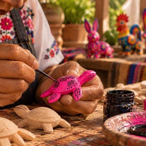 May include: A bright pink hand-painted turtle figurine with black floral details. The turtle is held while being painted with a thin brush. Nearby are unpainted wooden turtle carvings, jars of black and pink paint, and colorful animal figures.