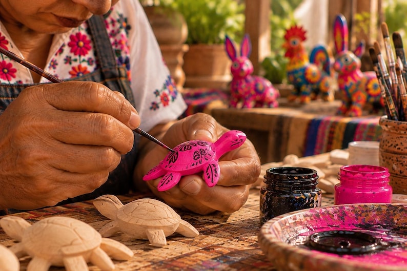 May include: A bright pink hand-painted turtle figurine with black floral details. The turtle is held while being painted with a thin brush. Nearby are unpainted wooden turtle carvings, jars of black and pink paint, and colorful animal figures.