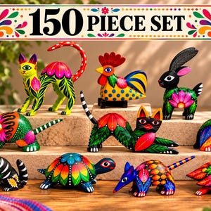 May include: A 150 piece set of hand-painted wooden animal figurines featuring vibrant, multi-colored floral and geometric patterns. The collection includes cats, a rooster, a rabbit, a turtle, and other creatures with intricate, bold designs.