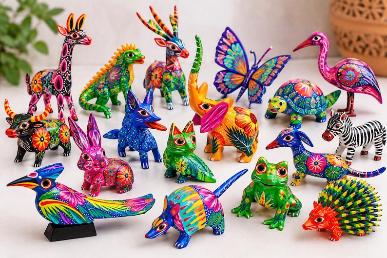 May include: A collection of fifteen hand-painted wooden animal figurines, including a giraffe, lizard, deer, butterfly, flamingo, bull, rabbit, fox, elephant, turtle, bird, armadillo, frog, dachshund, and hedgehog, all featuring vibrant, multi-colored patterns.