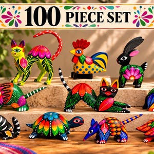 May include: A 100 piece set of hand-painted animal figurines featuring vibrant, multi-colored patterns. The collection includes cats, a rooster, a rabbit, a turtle, and other creatures, each decorated with intricate floral and geometric designs.