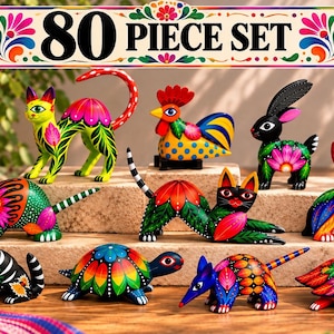 May include: An 80 piece set of hand-painted wooden animal figurines featuring vibrant, multi-colored floral and geometric patterns. The collection includes cats, a rooster, a rabbit, a turtle, and other creatures with bold, saturated hues.