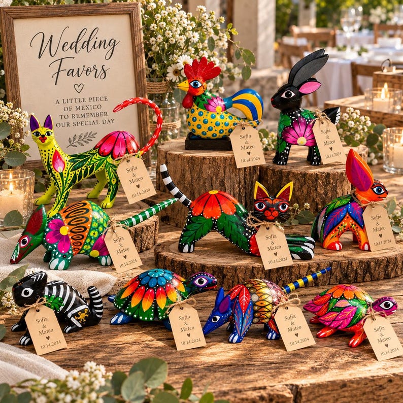 May include: A collection of hand-painted wooden animal figurines including cats, rabbits, armadillos, and turtles, each featuring vibrant floral patterns and a small brown tag printed with "Sofia & Mateo 10.14.2024" next to a wedding sign.