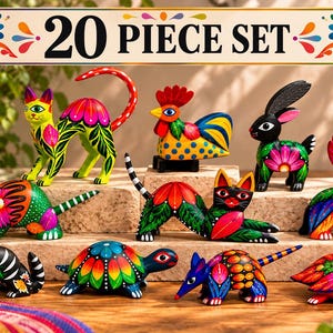 May include: A 20 piece set of hand-painted animal figurines featuring vibrant, multi-colored patterns. The collection includes a cat, rooster, rabbit, turtle, and other creatures, each decorated with intricate floral and geometric designs in bright hues.