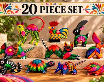 May include: A 20 piece set of hand-painted animal figurines featuring vibrant, multi-colored patterns. The collection includes a cat, rooster, rabbit, turtle, and other creatures, each decorated with intricate floral and geometric designs in bright hues.