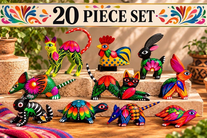 May include: A 20 piece set of hand-painted animal figurines featuring vibrant, multi-colored patterns. The collection includes a cat, rooster, rabbit, turtle, and other creatures, each decorated with intricate floral and geometric designs in bright hues.