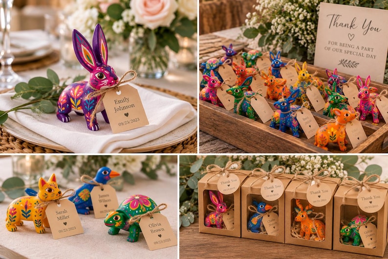 May include: Small hand-painted animal figurines including rabbits, cats, birds, and turtles with vibrant floral patterns. Each figure features a brown paper tag tied with twine, displaying names and dates, with some packaged in individual boxes.
