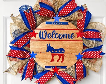 Patriotic Welcome Wreath – Red, White & Blue Burlap Mesh Door Hanger – Rustic Americana Front Door Decor – Democratic Donkey