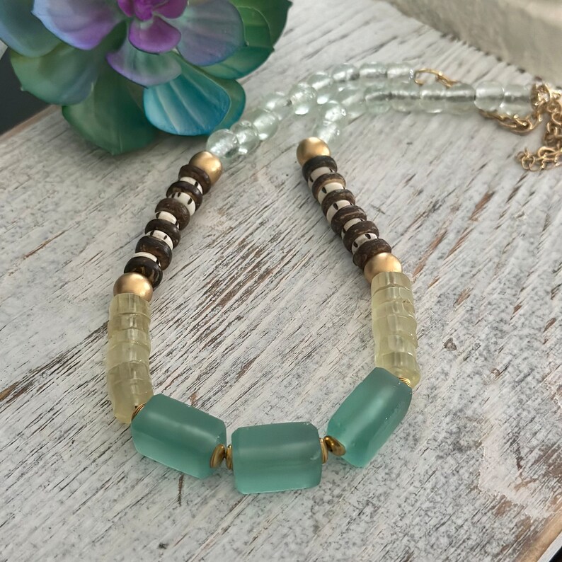 Boho Necklace Recycled Jumbo Green Glass Necklace Casual Beachy ...