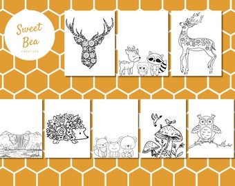 May include: A collection of eight black and white art prints featuring woodland animals, landscapes, and floral designs. The prints include a deer, owl, hedgehog, and other forest creatures. The background is a honeycomb pattern with the text "Sweet Bea Creatives".