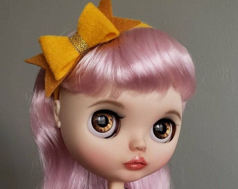 Adjustable Headband for Blythe Doll, Pullip Doll Headband, Blythe Doll Head Piece, Yellow, Blythe Felt Bow, Blythe Accessories, OOAK Blythe