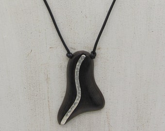 Handmade Ironwood Pendant Necklace, Pewter Inlay, Adjustable 30" Cord
