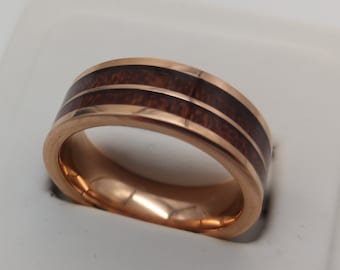 Hawaiian Koa Wood Inlay Ring, Rose Gold Tungsten Carbide Wedding Band, 8mm