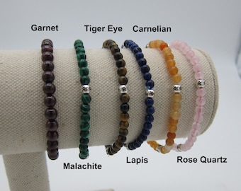 Exotic 4 mm Genuine Semi-Precious Gem Stone Bracelets Tiger Eye, Malachite, Carnelian, Garnet, Rose Quarts & Lapis Handmade Free Shipping