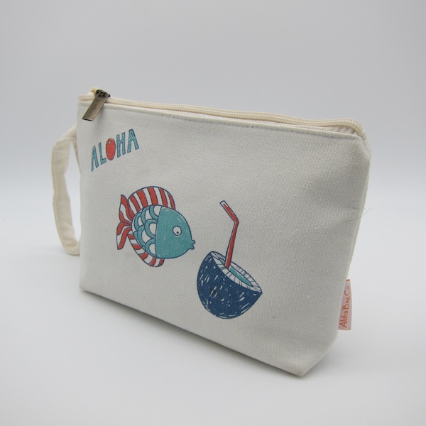 Cotton Canvas Tote Cosmetic Clutch Aloha Hawaii Design Zipper Top with Strap Fully Lined Free Shipping