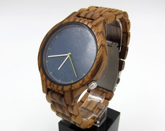Zebra Wood Watch with Blue Dial: Stainless Steel Hardware