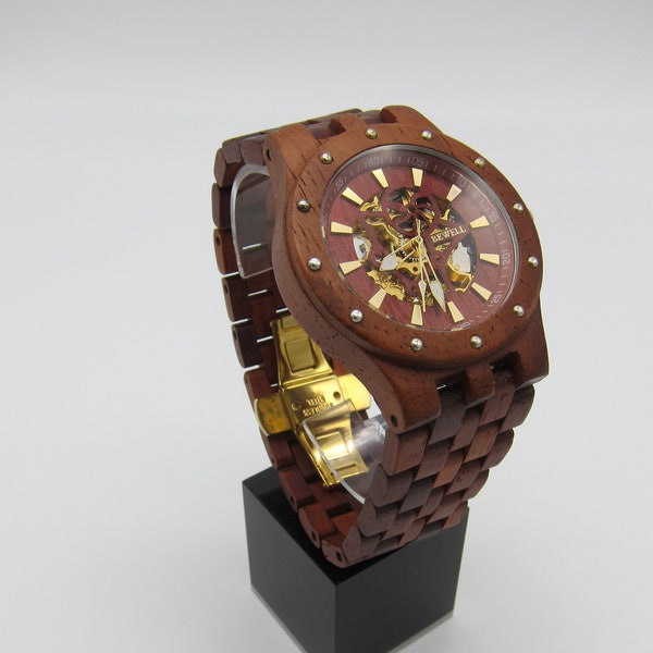 Amazing Red Iliahi Wood (Sandal Wood) Automatic Winding Watch with Front and Rear Skeleton Dial Actual Jewels Seagull Movement Free Shipping