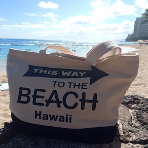 This Way to the Beach Large Sized Hawaiian Cotton Heavy Weave Two Tone Beach Bag with Shoulder Handle Fully Lined Zip Top Free Shipping