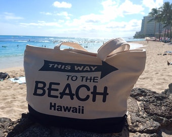 This Way to the Beach Large Sized Hawaiian Cotton Heavy Weave Two Tone Beach Bag with Shoulder Handle Fully Lined Zip Top Free Shipping