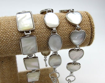 Mother of Pearl Heavy Silverplated Toggle Link Bracelet Handmade Free Shipping