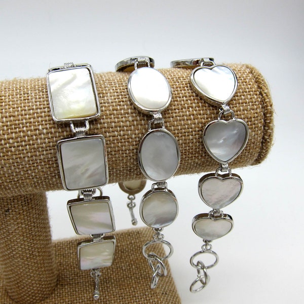 Mother of Pearl Heavy Silverplated Toggle Link Bracelet Handmade Free Shipping