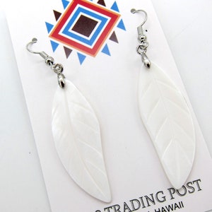 Genuine White Mother of Pearl Hawaiian Style Leaf Shaped Earrings Hand Made with Stainless Ear Wires Free Shipping