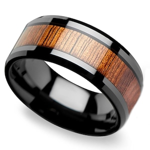 8 mm Hawaiian Style Black Tungsten Carbide Ring w/ Tropical Koa Wood Inlay and Beveled Edge Design Free Shipping Hawaii Wedding Band